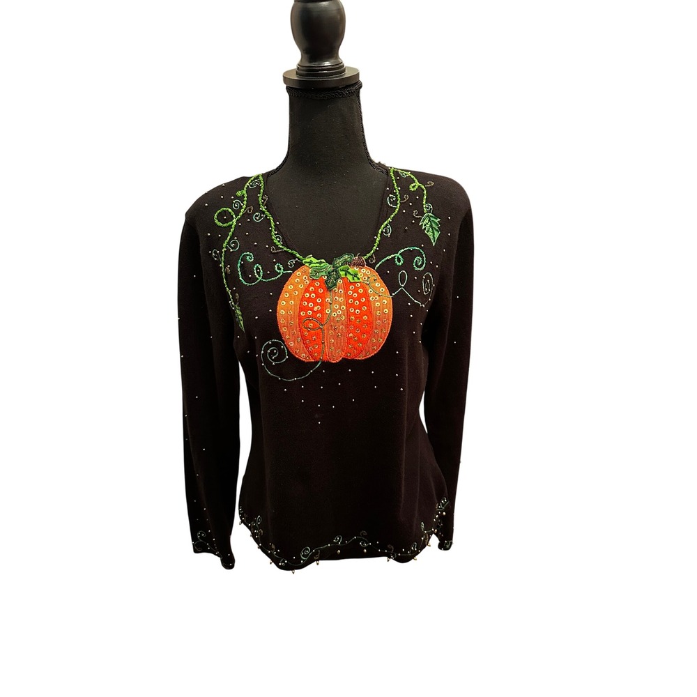 Jack B. Quick Womens SZ M Black Beaded Pumpkin Sequin V-Neck Fall Sweater Preppy